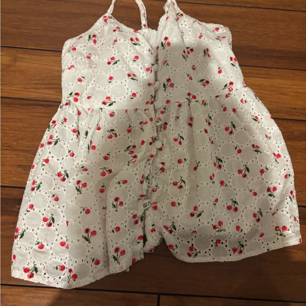 American Eagle Outfitters White Eyelet Crop Top with Red Cherry Print